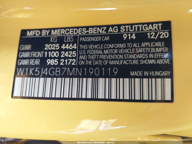 W1K5J4GB7MN190119 Mercedes-Benz CLA 250