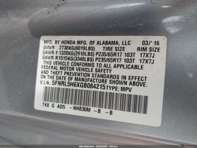 5FNRL5H6XGB084215 Honda Odyssey Ex-l