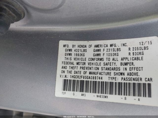 1HGCR2F85GA089744 Honda Accord Ex-l