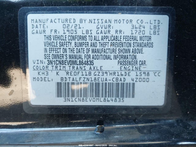 3N1CN8EV0ML864835 Nissan Versa