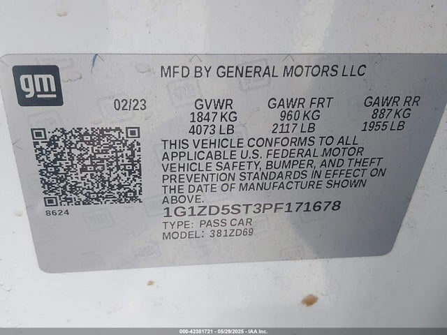 1G1ZD5ST3PF171678 Chevrolet Malibu Fwd 1lt