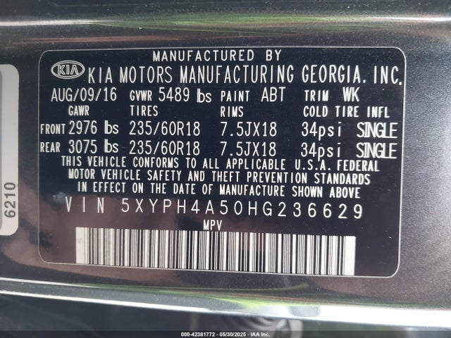 5XYPH4A50HG236629 KIA Sorento