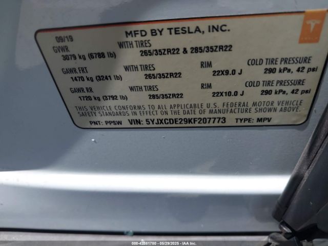 2019 TESLA MODEL X 5YJXCDE29KF207773 Photo 8