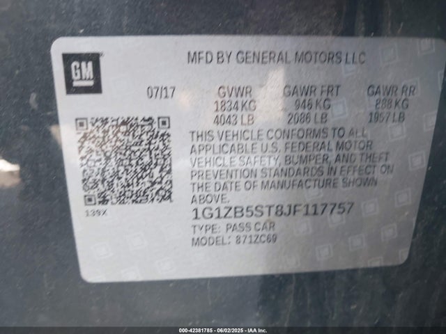 1G1ZB5ST8JF117757 Chevrolet lfv - direct injection, variable valve timing, gen 1