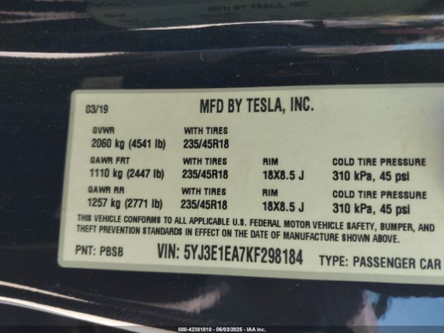 5YJ3E1EA7KF298184 Tesla Model 3 Long Range/mid Range/standard Range/standard Range Plus