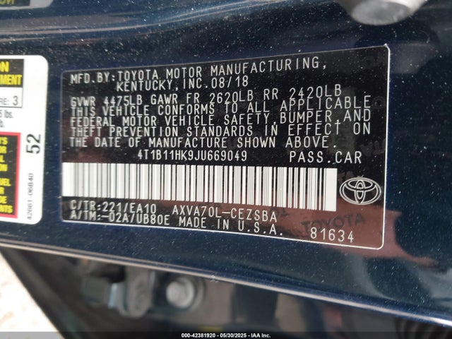4T1B11HK9JU669049 Toyota CAMRY SE