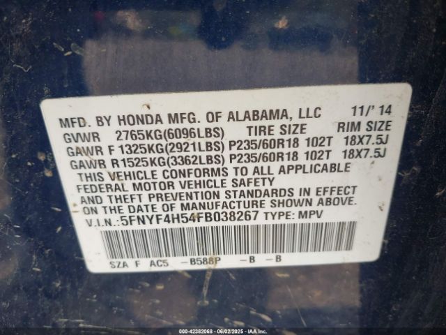 5FNYF4H54FB038267 Honda Pilot Ex-l