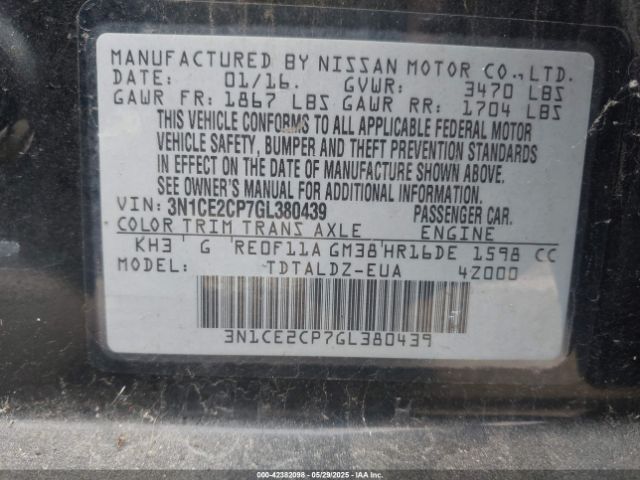 3N1CE2CP7GL380439 Nissan Versa Note S (sr)/s Plus/sl/sr/sv