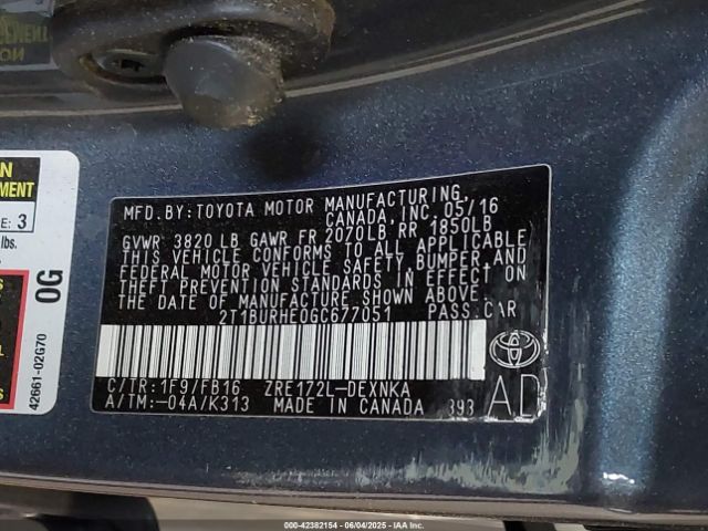 2T1BURHE0GC677051 Toyota COROLLA LE