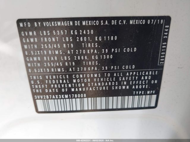 2019 VOLKSWAGEN TIGUAN 3VV2B7AX3KM178008 Photo 8