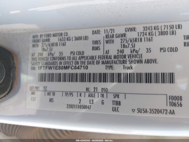 1FTFW1E80MFC64710 Ford F-150 Xlt