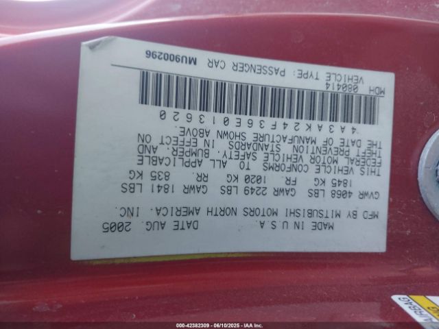 2006 MITSUBISHI ECLIPSE 4A3AK24F36E013620 Photo 8