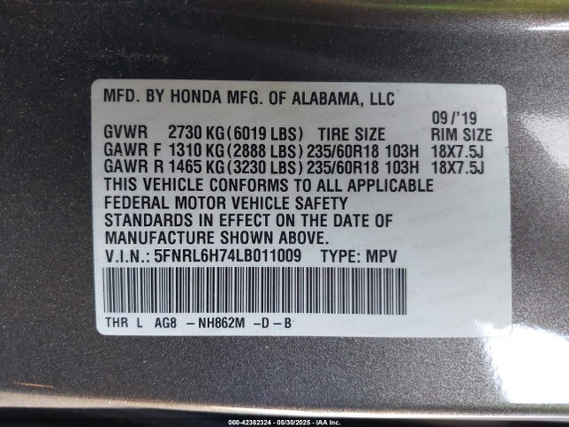 5FNRL6H74LB011009 Honda j35y7