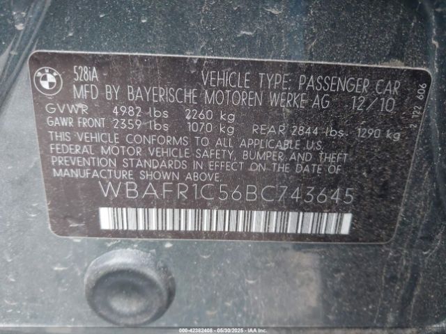 2011 BMW 528I WBAFR1C56BC743645 Photo 8
