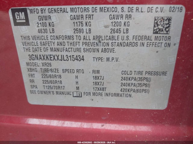 3GNAXKEXXJL315434 Chevrolet EQUINOX LT