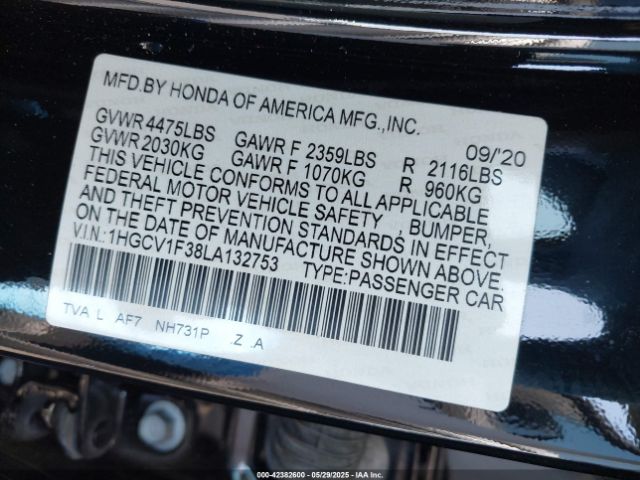 2020 HONDA ACCORD 1HGCV1F38LA132753 Photo 8