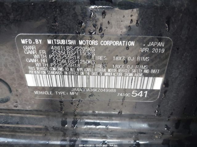 2019 MITSUBISHI OUTLANDER JA4AD3A36KZ049988 Photo 8
