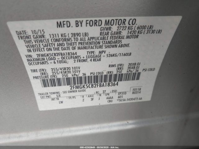 2FMGK5C82FBA18364 Ford FLEX SEL