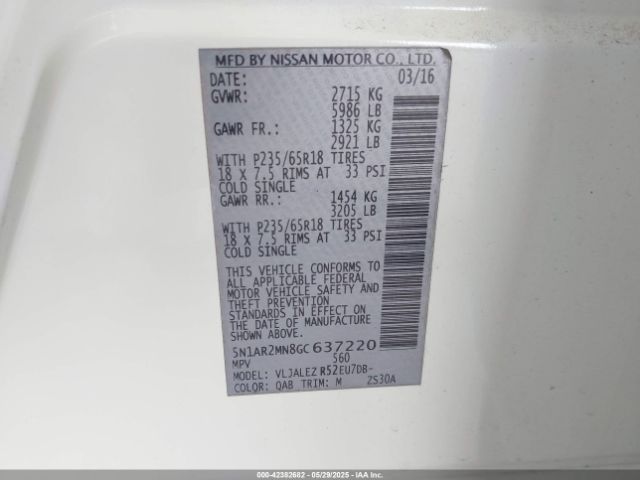 5N1AR2MN8GC637220 Nissan Pathfinder Sv
