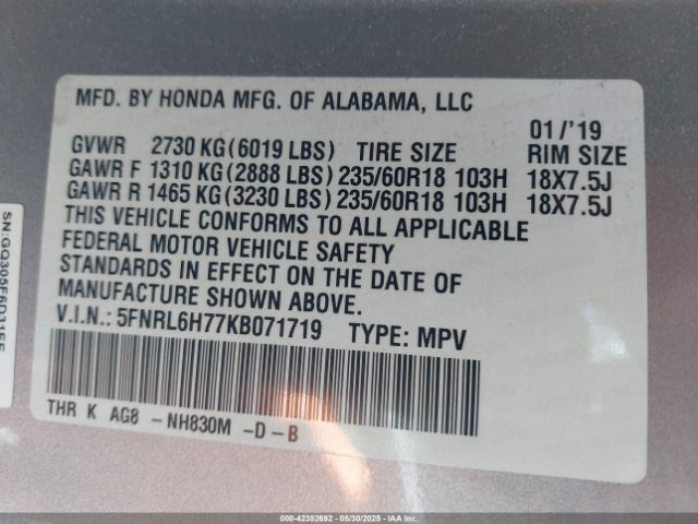 5FNRL6H77KB071719 Honda Odyssey Ex-l