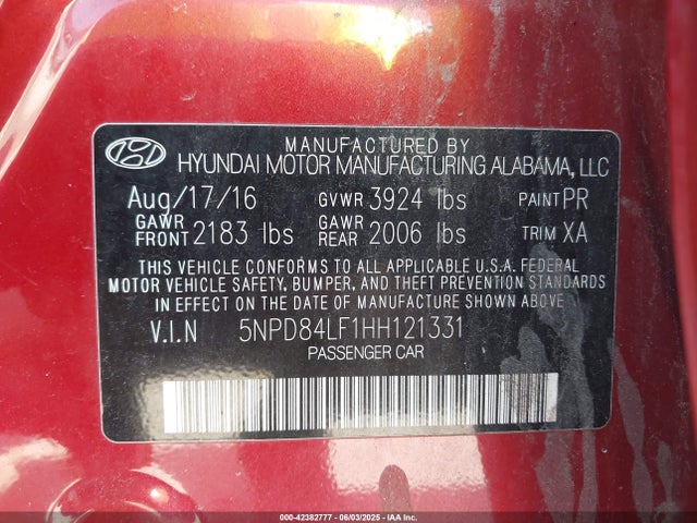 5NPD84LF1HH121331 Hyundai 2017