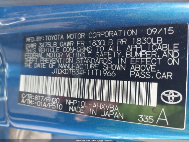 JTDKDTB34F1111966 Toyota Prius C One