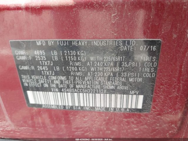 2017 SUBARU OUTBACK 4S4BSACC5H3221128 Photo 8