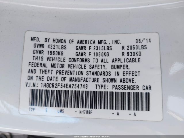 1HGCR2F54EA254749 Honda k24w1