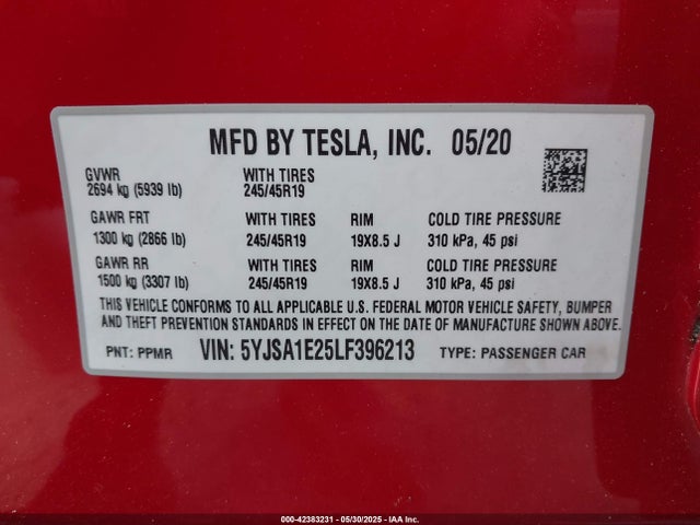 2020 TESLA MODEL S 5YJSA1E25LF396213 Photo 8