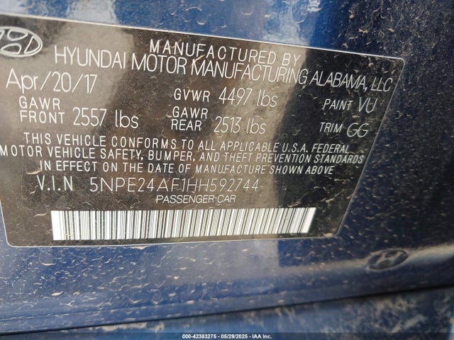 5NPE24AF1HH592744 Hyundai 2017