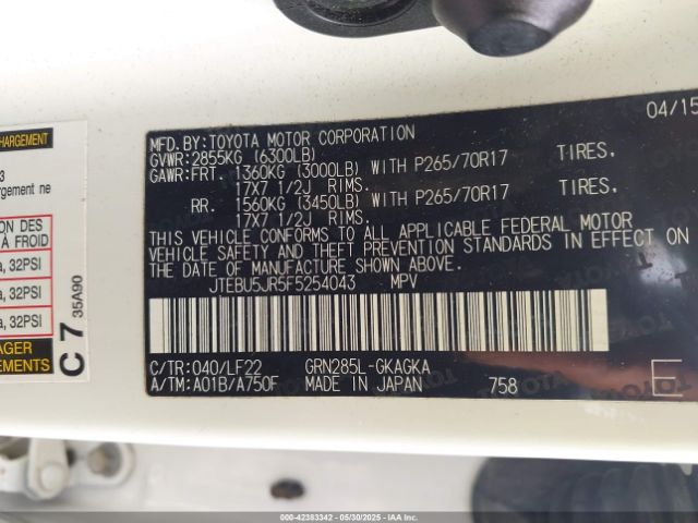 JTEBU5JR5F5254043 Toyota 4runner Trd Pro