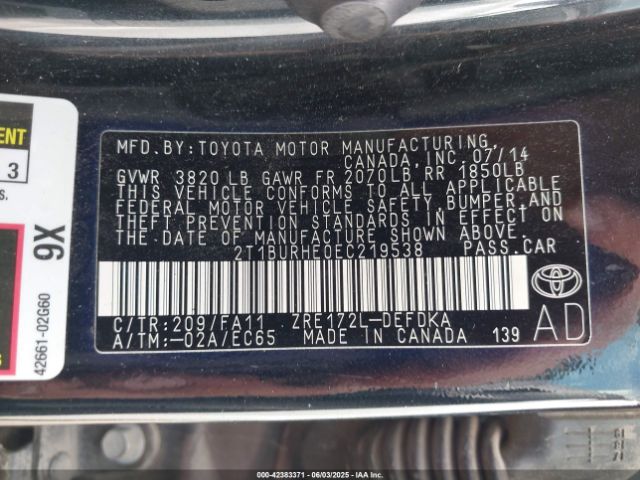 2T1BURHE0EC219538 Toyota COROLLA L