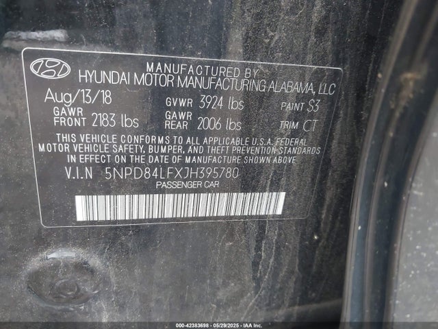 5NPD84LFXJH395780 Hyundai ELANTRA SEL