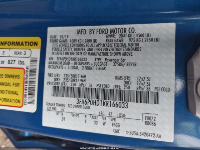 3FA6P0HD1KR166033 Ford FUSION SE
