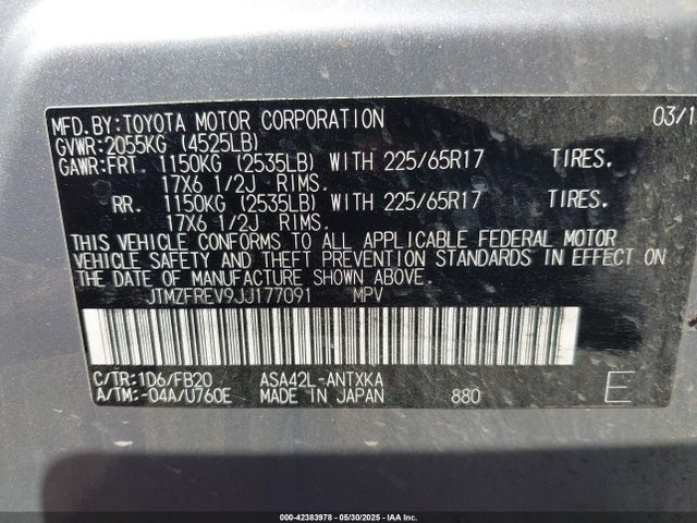 JTMZFREV9JJ177091 Toyota 2ar-fe