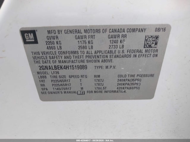 2GNALBEK4H1519089 Chevrolet lea - sidi: spark ignited direct injection, e85 max, alum