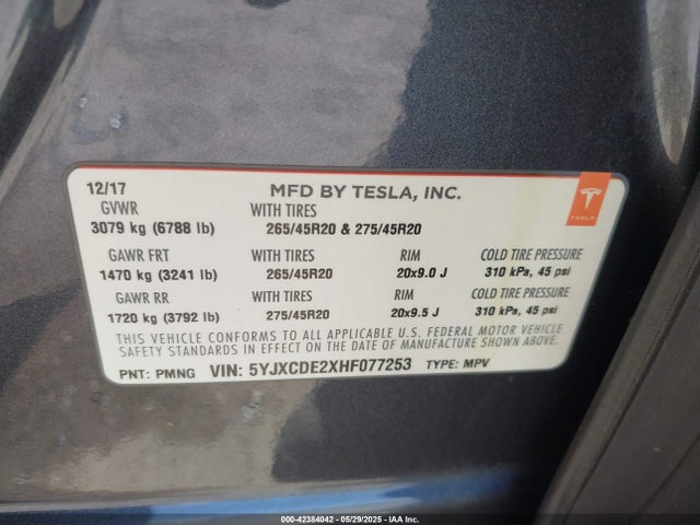 Tesla MODEL X 2017 5YJXCDE2XHF077253 Image 9
