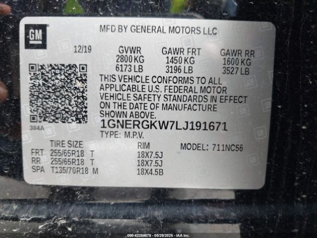 1GNERGKW7LJ191671 Chevrolet Traverse Fwd Lt Cloth
