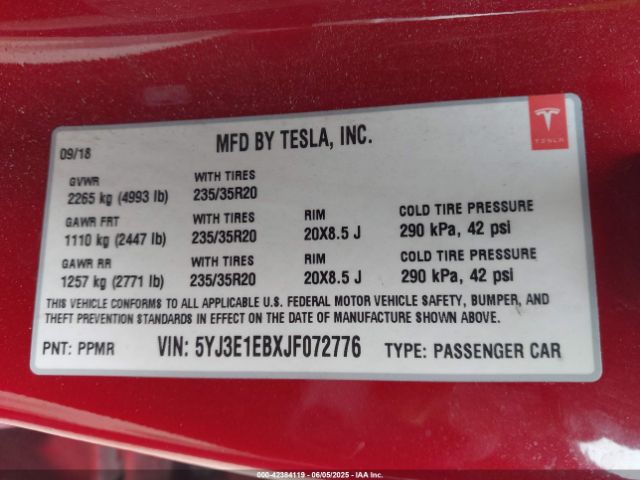 5YJ3E1EBXJF072776 Tesla MODEL 3