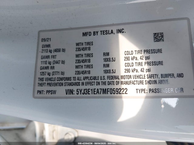 2021 TESLA MODEL 3 5YJ3E1EA7MF059222 Photo 8