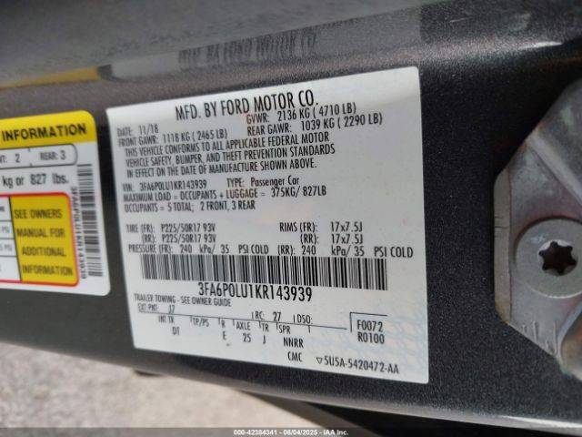 2019 FORD FUSION HYBRID 3FA6P0LU1KR143939 Photo 8