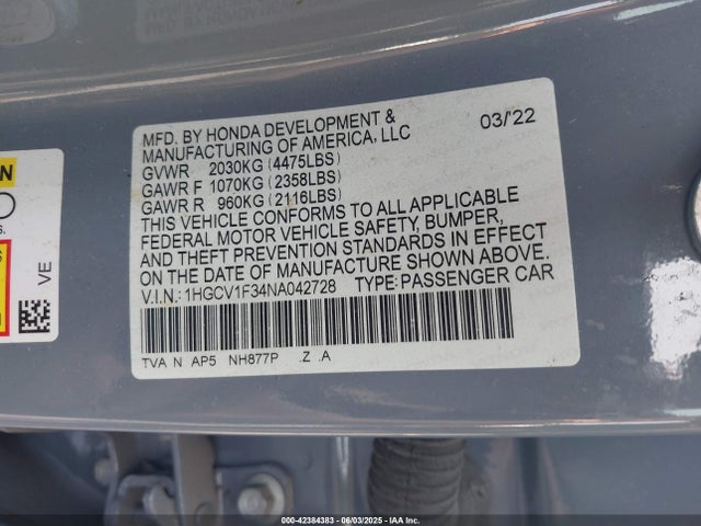 1HGCV1F34NA042728 Honda l15be
