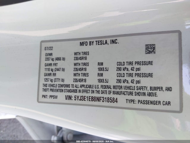 2022 TESLA MODEL 3 5YJ3E1EB8NF318584 Photo 8