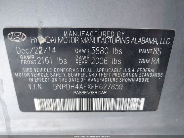 5NPDH4AEXFH627859 Hyundai ELANTRA SE