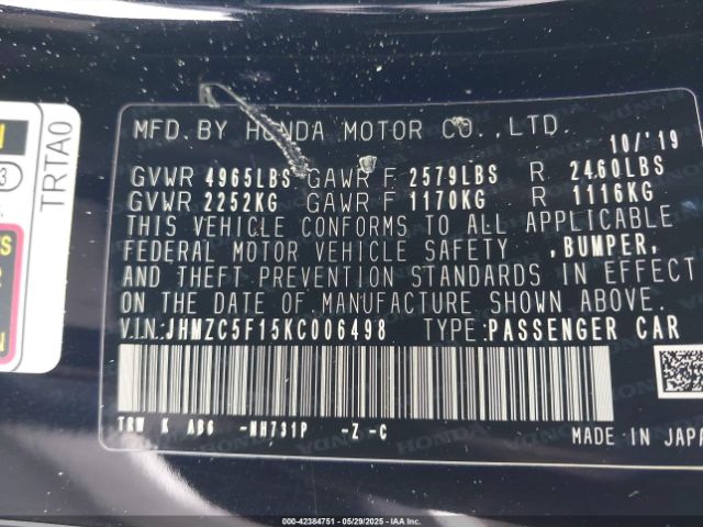 JHMZC5F15KC006498 Honda CLARITY PLUG-IN HYBRID