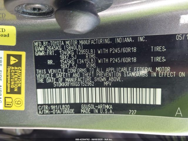 5TDKKRFHXGS152962 Toyota Highlander Xle V6