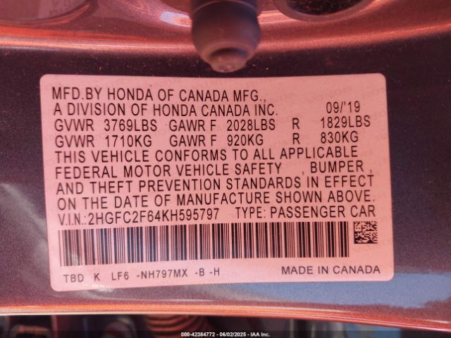 2HGFC2F64KH595797 Honda Civic Lx