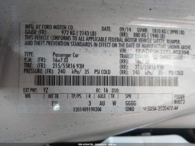 1FADP3K22EL402398 Ford FOCUS SE