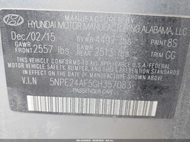 5NPE24AF5GH357083 Hyundai SONATA SE