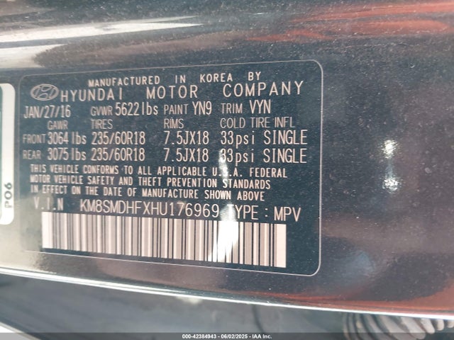 KM8SMDHFXHU176969 Hyundai gdi lambda ii